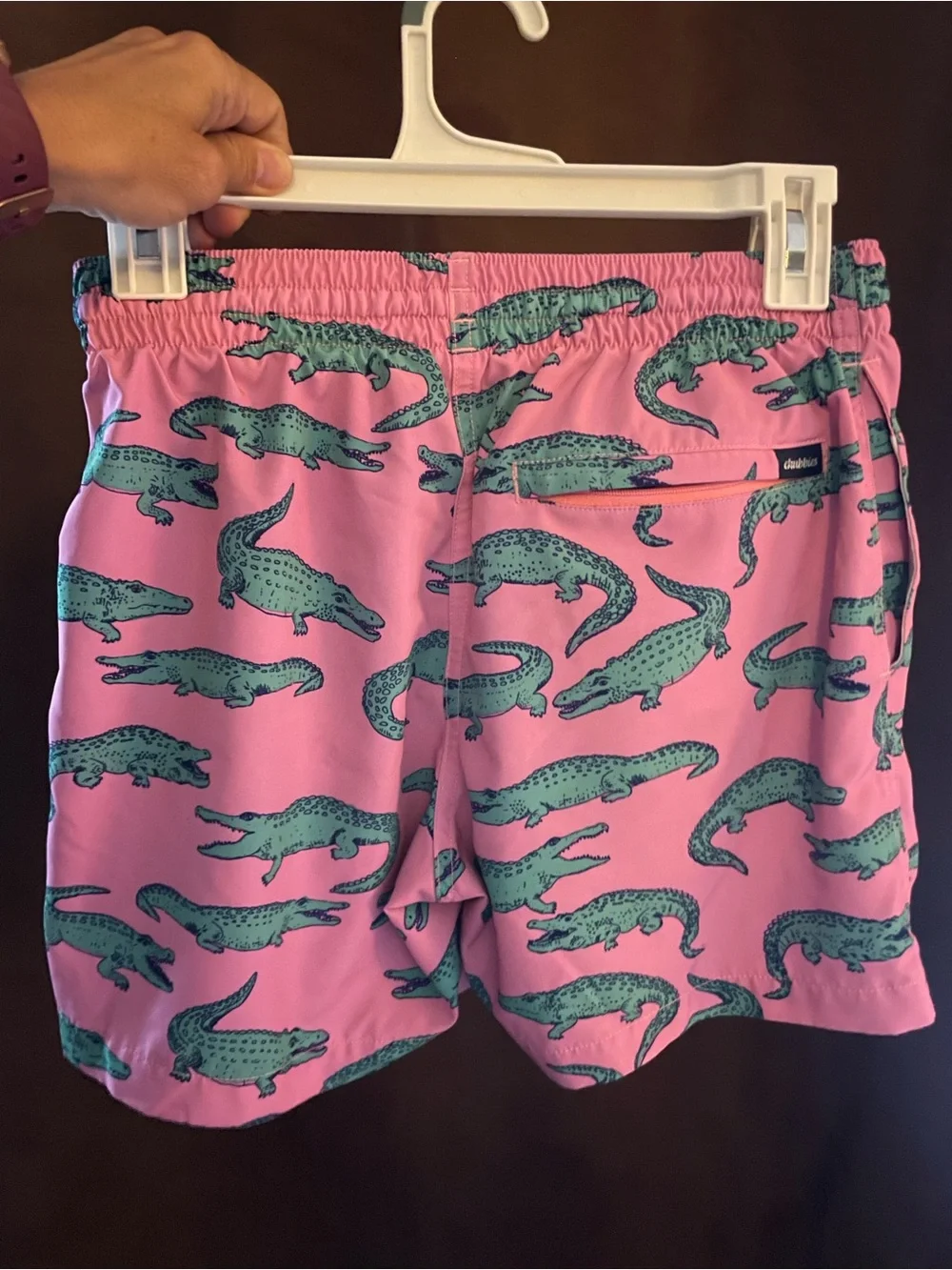 chubbies Pink Swim Trunks with Teal Alligator Print 5.5”